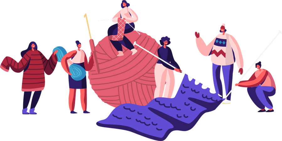 Mujeres tejiendo ropa juntas  Ilustración