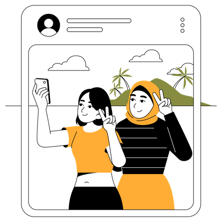 Mujeres tomándose una selfie para publicar en línea  Ilustración