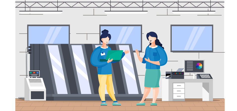 Mujeres que trabajan con una máquina de impresión en una imprenta, descansando y comunicándose.  Ilustración