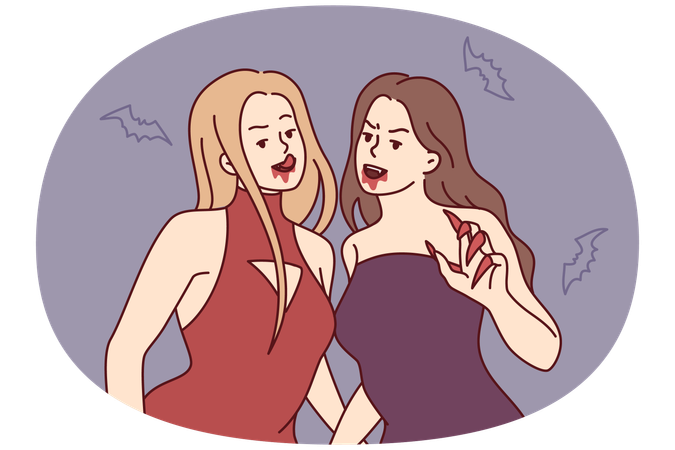 Mujeres vampiros con vestidos de noche con garras afiladas y rastros de sangre cerca de la boca  Ilustración