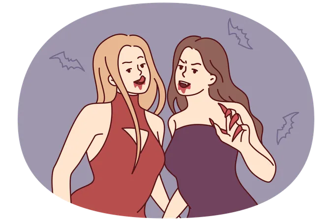 Mujeres vampiros con vestidos de noche con garras afiladas y rastros de sangre cerca de la boca  Ilustración