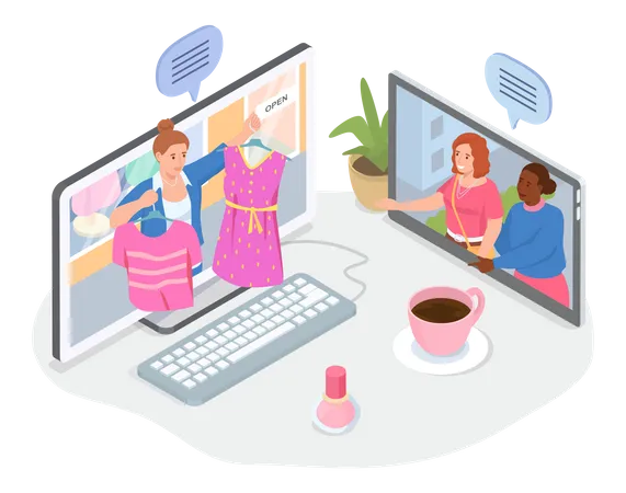 Mujeres vendiendo en línea al cliente.  Ilustración