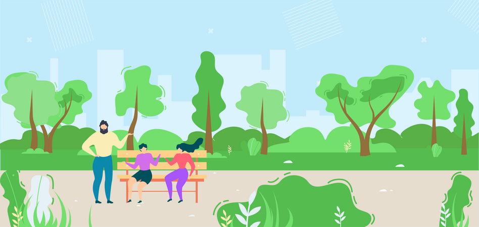 Mujeres y hombres hablando en un parque público  Ilustración