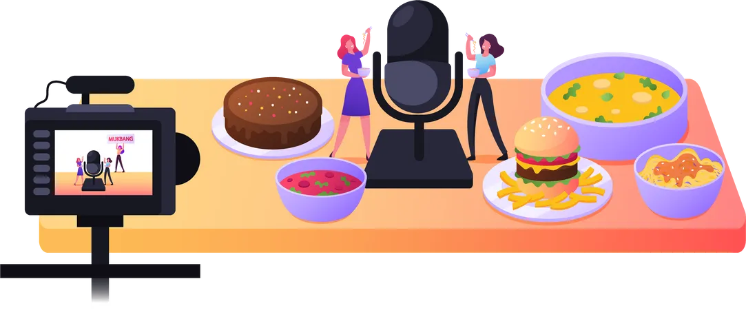 Mukbang Broadcasting Tiny Female Characters Tasting Various Dishes On Video Camera Stand On Table With Huge Plates And Bowls With Tasty Meals Eating Noodles Cartoon People Vector Illustration Illustration