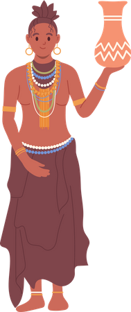 Mulher aborígine africana em roupas tradicionais segurando um jarro de barro nativo  Ilustração