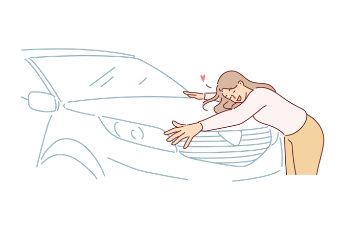 Mulher abraça carro novo parado na concessionária  Ilustração