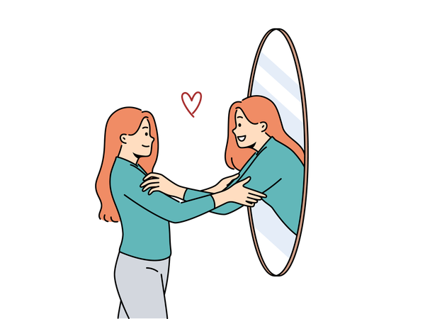 Mulher abraça o próprio reflexo no espelho demonstrando narcisismo e alta autoestima  Ilustração