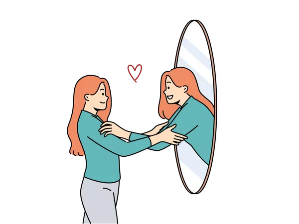 Mulher abraça o próprio reflexo no espelho demonstrando narcisismo e alta autoestima  Ilustração