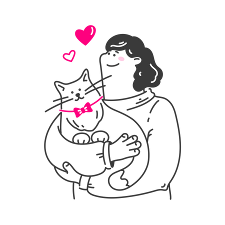 Mulher abraça seu querido gato  Ilustração