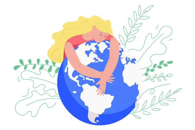 Mulher abraçando e expressa amor ao planeta  Ilustração