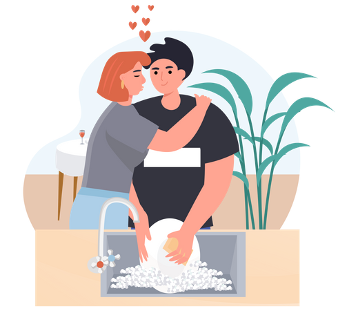 Mulher se abraçando enquanto homem lava louça  Ilustração