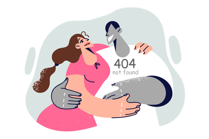 Mulher abraçando namorado fictício com erro de inscrição 404 não encontrado  Ilustração