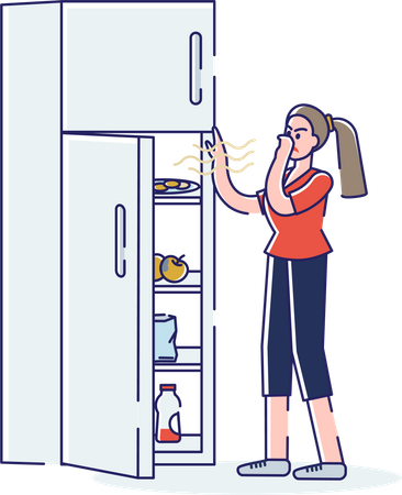 Mulher abrindo geladeira com comida estragada e fedorenta cobrindo o nariz para proteger do mau cheiro  Ilustração