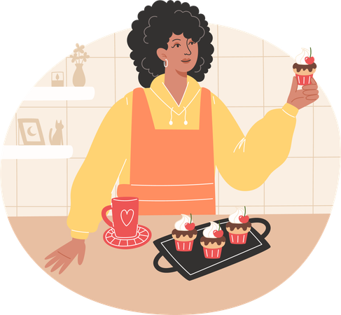 Mulher africana fez cupcakes e os aprecia com uma bebida quente  Ilustração