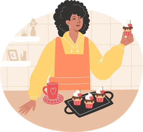 Mulher africana fez cupcakes e os aprecia com uma bebida quente  Ilustração