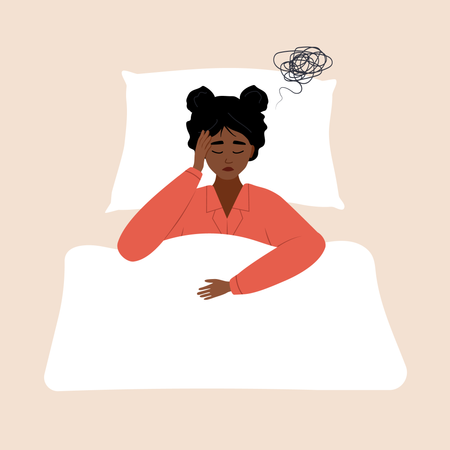 Mulher africana cansada sofre de dor de cabeça  Ilustração