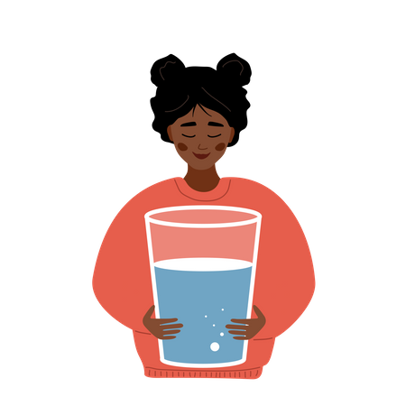Mulher africana com sede segura um copo grande de água limpa  Ilustração
