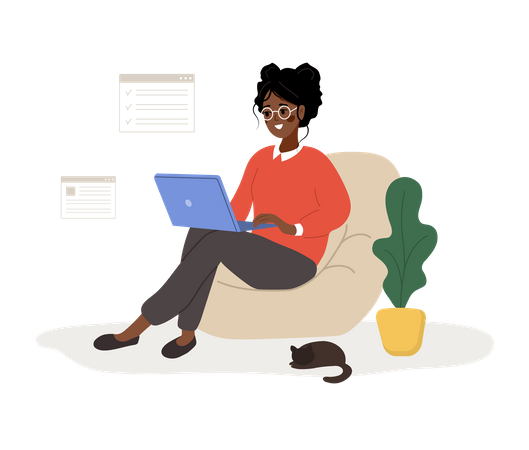 Mulher africana bem sucedida senta-se com laptop e resolve problemas de trabalho  Ilustração