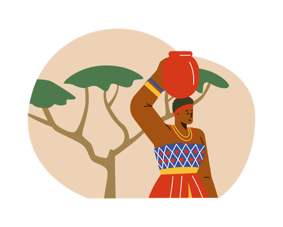 Mulher africana sorridente carrega jarro na cabeça  Illustration