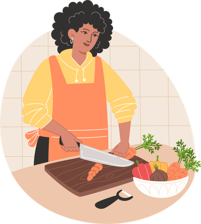 Mulher afro-americana cortando legumes e preparando comida  Ilustração