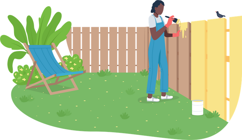 Mulher afro-americana pintando cerca de jardim  Ilustração