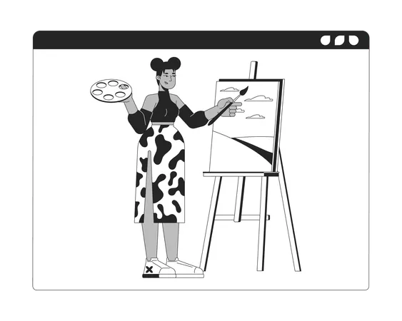 Mulher Afro Americana Conduzindo Aula De Arte On Line Personagem De Desenho Animado De Linha 2 D Em Preto E Branco Professor De Desenho Preto Isolou Pessoa De Contorno Vetorial E Aprendendo Ilustracao De Ponto Plano Monocromatico Ilustração