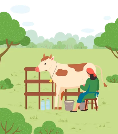 Agricultora coletando leite  Ilustração