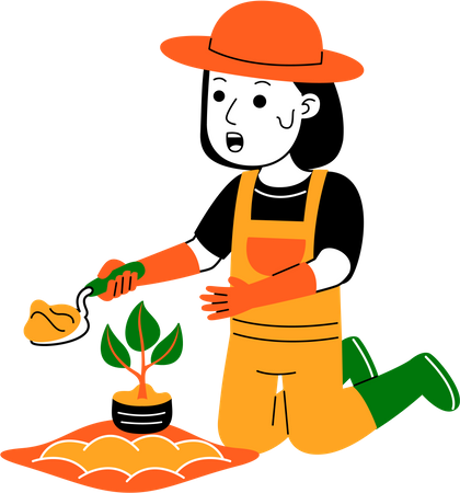 Agricultora plantando planta  Ilustração