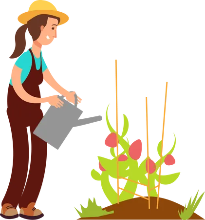 Agricultora regando planta  Ilustração