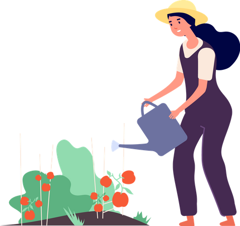 Agricultora regando planta  Ilustração