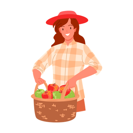 Agricultora segurando um arbusto de maçã  Ilustração