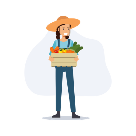 Agricultora segurando cesta de legumes  Ilustração