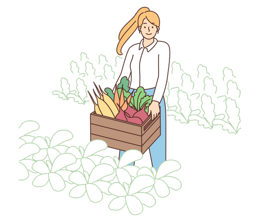 Agricultora segurando cesta de legumes  Ilustração