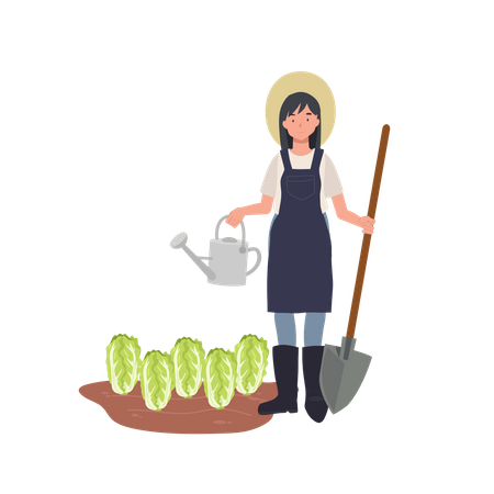 Agricultora segurando regador e pá  Ilustração