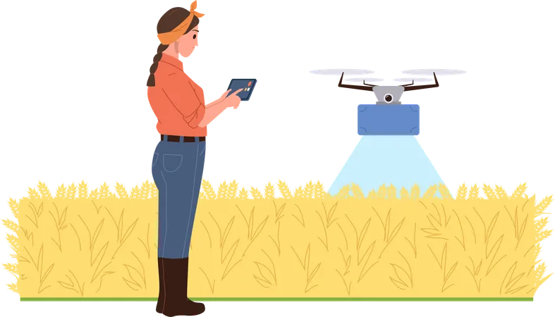 Mulher agricultora usa sistema de drone controlado remotamente para irrigar campo  Ilustração