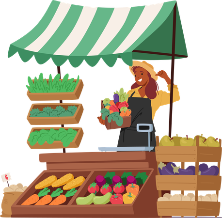 Agricultora vende legumes  Ilustração