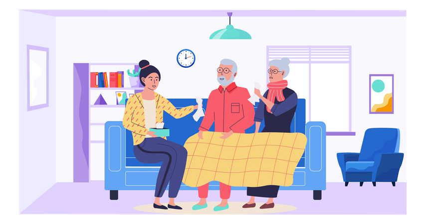 Mulher ajudando casal idoso doente no apartamento  Ilustração