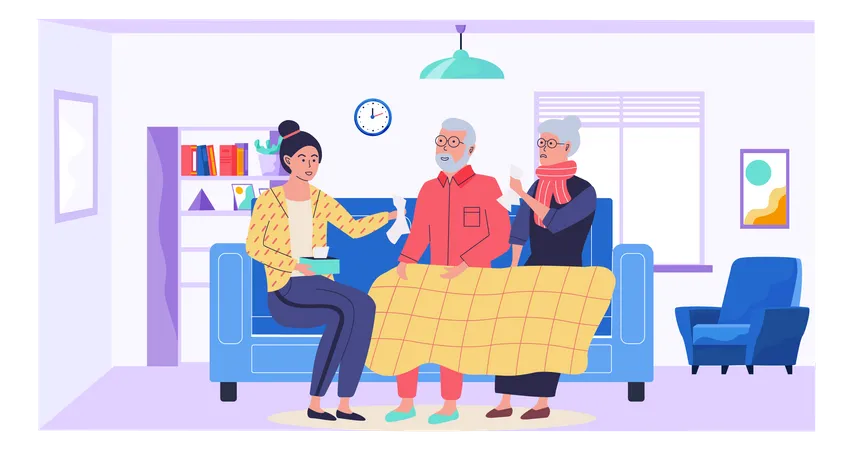 Mulher ajudando casal idoso doente no apartamento  Ilustração