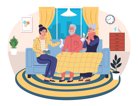 Mulher ajudando casal idoso doente em casa  Ilustração