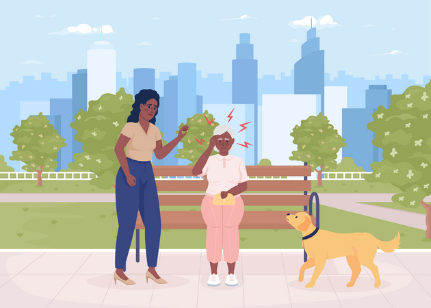 Mulher ajudando idosa com dor de cabeça  Ilustração