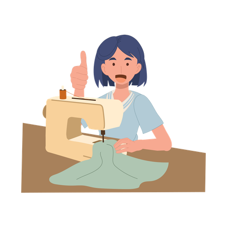 Mulher alegre e alegre costurando com uma máquina de costura enquanto faz sinal de positivo  Ilustração