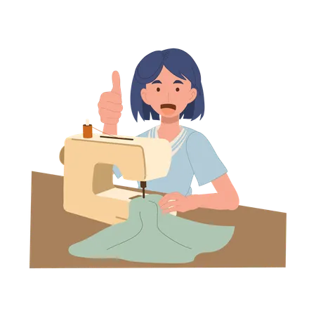 Mulher alegre e alegre costurando com uma máquina de costura enquanto faz sinal de positivo  Ilustração