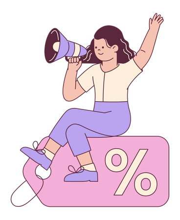 Mulher Alegre Promovendo Descontos com Megafone  Ilustração