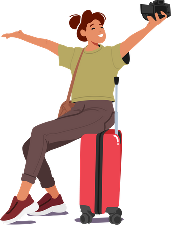 Mulher alegre tirando selfie sentada na bagagem  Ilustração