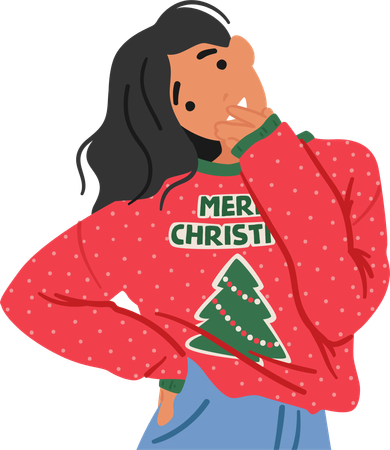 Mulher alegre veste um suéter de Natal aconchegante adornado com árvores e padrões festivos  Ilustração