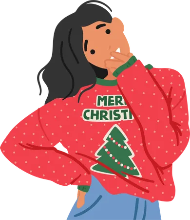 Mulher alegre veste um suéter de Natal aconchegante adornado com árvores e padrões festivos  Ilustração