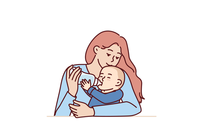 Mulher alimenta bebê recém-nascido  Ilustração