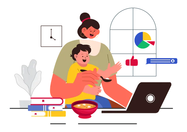 Mulher alimentando bebê enquanto trabalha no laptop  Ilustração