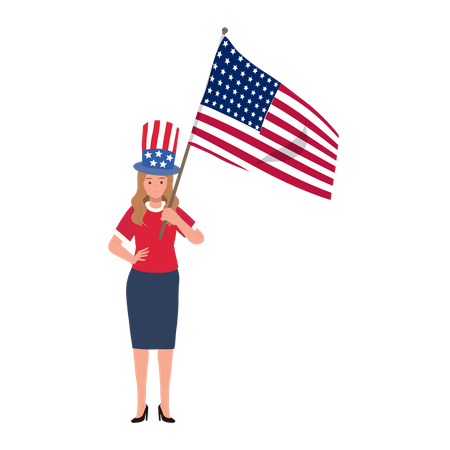 Mulher americana segurando a bandeira americana para comemorar  Ilustração
