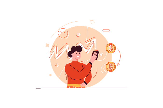 Mulher analisa crescimento das criptomoedas e pensa onde investir recursos  Illustration